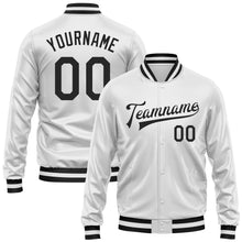 Load image into Gallery viewer, Custom White Black Bomber Full-Snap Varsity Faux Leather Letterman Jacket
