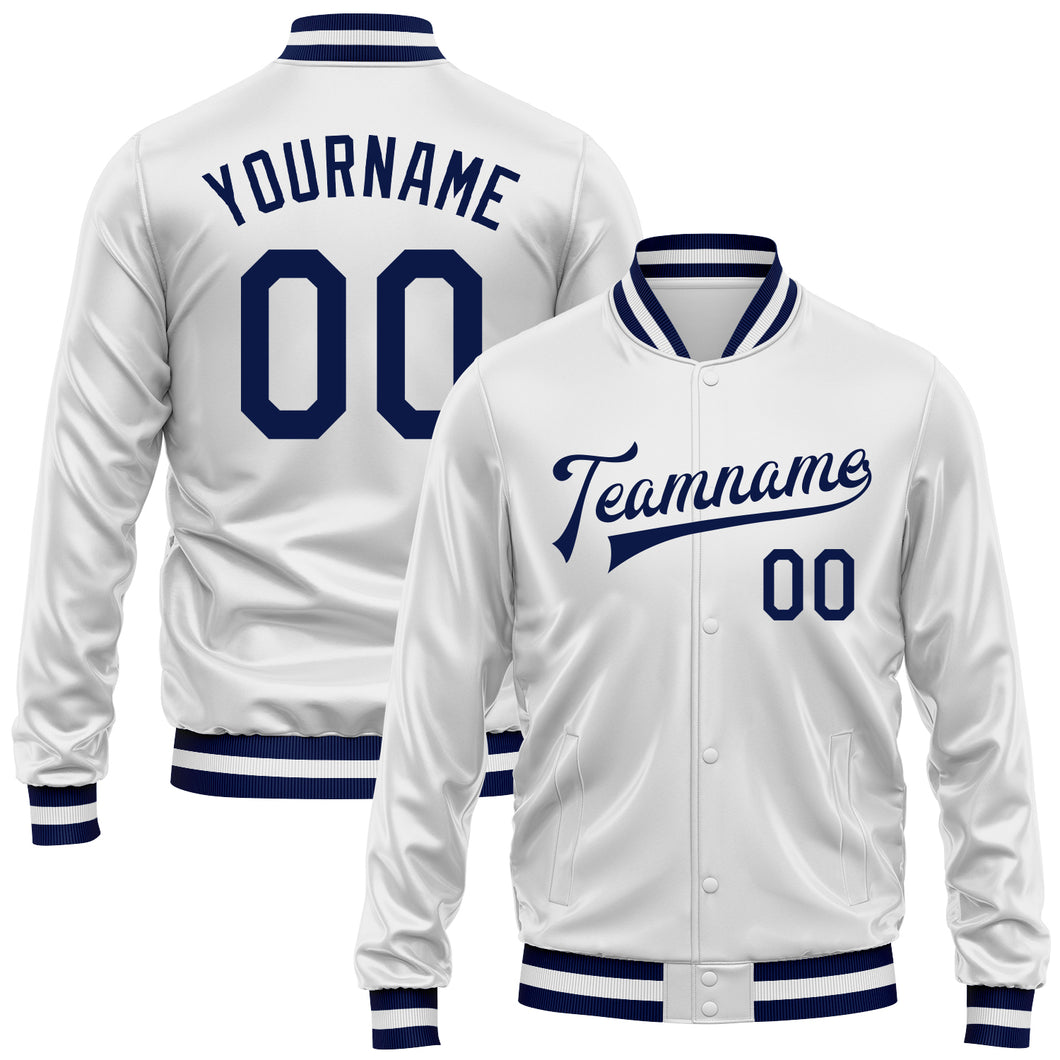 Custom White Navy Bomber Full-Snap Varsity Faux Leather Letterman Jacket