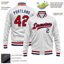 Load image into Gallery viewer, Custom White Red-Navy Bomber Full-Snap Varsity Faux Leather Letterman Jacket
