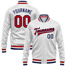 Load image into Gallery viewer, Custom White Red-Navy Bomber Full-Snap Varsity Faux Leather Letterman Jacket
