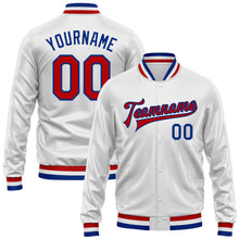 Load image into Gallery viewer, Custom White Red-Royal Bomber Full-Snap Varsity Faux Leather Letterman Jacket
