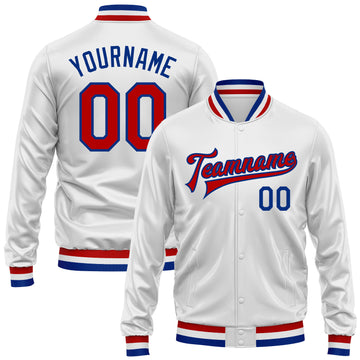 Custom White Red-Royal Bomber Full-Snap Varsity Faux Leather Letterman Jacket