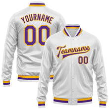Charger l&#39;image dans la galerie, Custom White Purple-Gold Bomber Full-Snap Varsity Faux Leather Letterman Jacket
