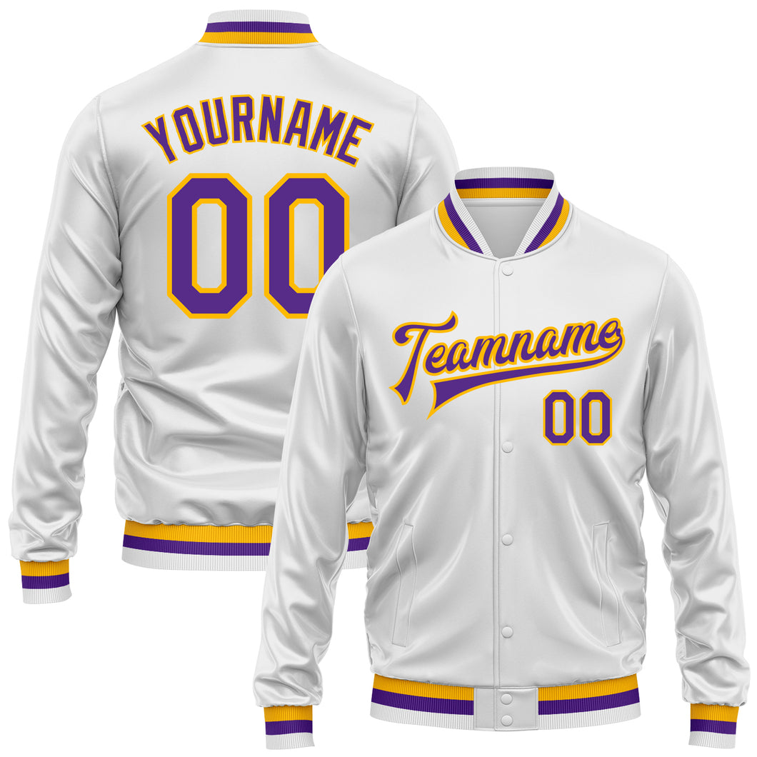 Custom White Purple-Gold Bomber Full-Snap Varsity Faux Leather Letterman Jacket