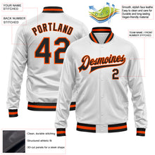 Load image into Gallery viewer, Custom White Black-Orange Bomber Full-Snap Varsity Faux Leather Letterman Jacket

