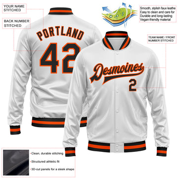 Custom White Black-Orange Bomber Full-Snap Varsity Faux Leather Letterman Jacket