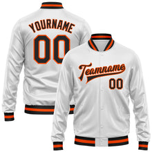 Load image into Gallery viewer, Custom White Black-Orange Bomber Full-Snap Varsity Faux Leather Letterman Jacket
