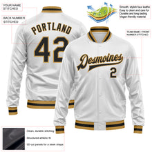 Load image into Gallery viewer, Custom White Black-Old Gold Bomber Full-Snap Varsity Faux Leather Letterman Jacket

