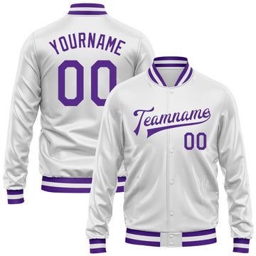 Custom White Purple Bomber Full-Snap Varsity Faux Leather Letterman Jacket