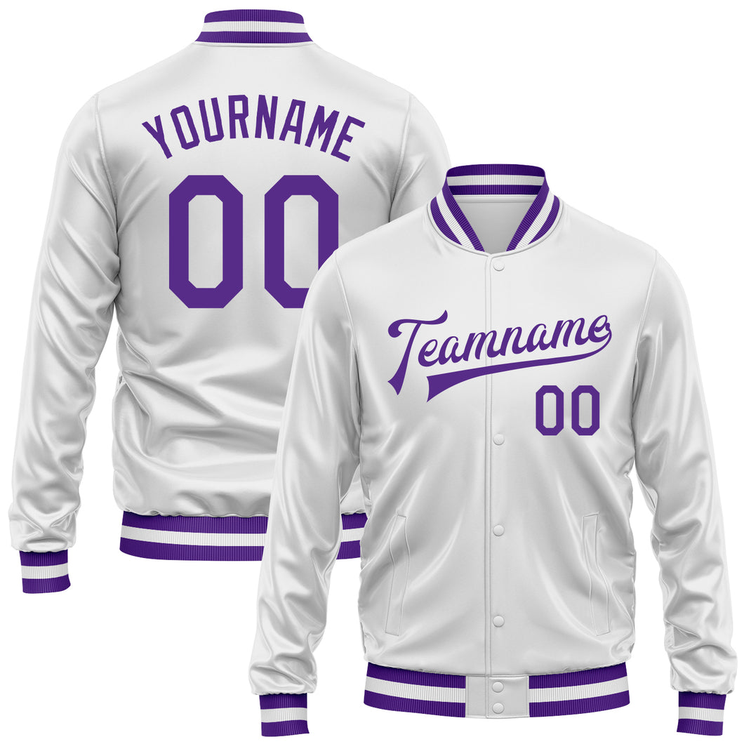 Custom White Purple Bomber Full-Snap Varsity Faux Leather Letterman Jacket