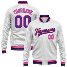 Charger l&#39;image dans la galerie, Custom White Purple Pink-Black Bomber Full-Snap Varsity Faux Leather Letterman Jacket
