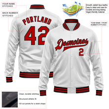 Load image into Gallery viewer, Custom White Red-Black Bomber Full-Snap Varsity Faux Leather Letterman Jacket
