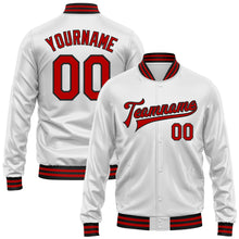 Load image into Gallery viewer, Custom White Red-Black Bomber Full-Snap Varsity Faux Leather Letterman Jacket
