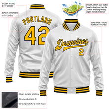 Load image into Gallery viewer, Custom White Gold-Black Bomber Full-Snap Varsity Faux Leather Letterman Jacket
