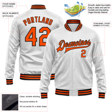 Load image into Gallery viewer, Custom White Orange-Black Bomber Full-Snap Varsity Faux Leather Letterman Jacket
