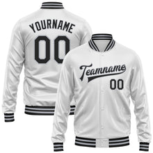 Charger l&#39;image dans la galerie, Custom White Black-Gray Bomber Full-Snap Varsity Faux Leather Letterman Jacket
