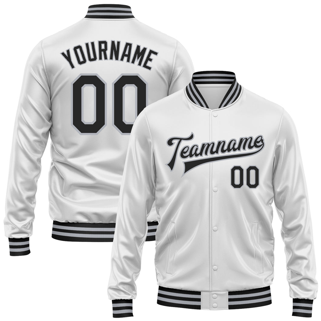 Custom White Black-Gray Bomber Full-Snap Varsity Faux Leather Letterman Jacket
