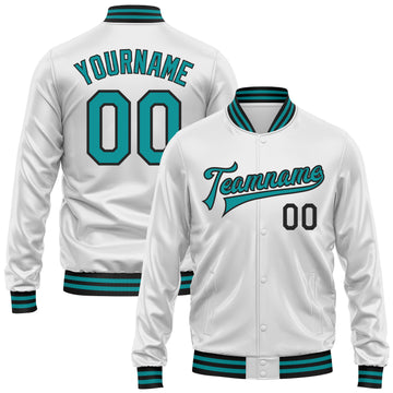 Custom White Teal-Black Bomber Full-Snap Varsity Faux Leather Letterman Jacket