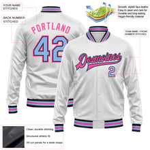 Charger l&#39;image dans la galerie, Custom White Light Blue Pink-Black Bomber Full-Snap Varsity Faux Leather Letterman Jacket
