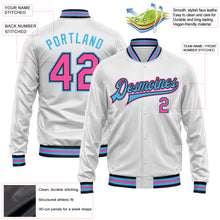 Laden Sie das Bild in den Galerie-Viewer, Custom White Pink Sky Blue-Black Bomber Full-Snap Varsity Faux Leather Letterman Jacket

