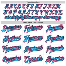 Laden Sie das Bild in den Galerie-Viewer, Custom White Pink Sky Blue-Black Bomber Full-Snap Varsity Faux Leather Letterman Jacket
