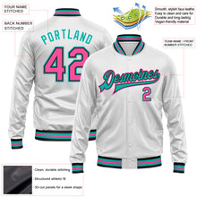 Laden Sie das Bild in den Galerie-Viewer, Custom White Pink Aqua-Black Bomber Full-Snap Varsity Faux Leather Letterman Jacket
