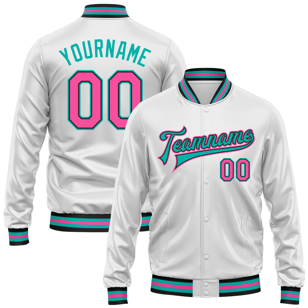 Custom White Pink Aqua-Black Bomber Full-Snap Varsity Faux Leather Letterman Jacket