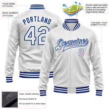 Laden Sie das Bild in den Galerie-Viewer, Custom White White-Royal Bomber Full-Snap Varsity Faux Leather Letterman Jacket
