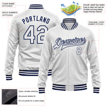 Laden Sie das Bild in den Galerie-Viewer, Custom White White-Navy Bomber Full-Snap Varsity Faux Leather Letterman Jacket
