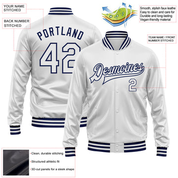 Custom White White-Navy Bomber Full-Snap Varsity Faux Leather Letterman Jacket