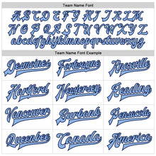 Laden Sie das Bild in den Galerie-Viewer, Custom White Light Blue-Navy Bomber Full-Snap Varsity Faux Leather Letterman Jacket
