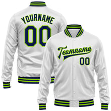 Laden Sie das Bild in den Galerie-Viewer, Custom White Navy-Neon Green Bomber Full-Snap Varsity Faux Leather Letterman Jacket
