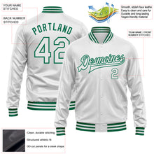 Laden Sie das Bild in den Galerie-Viewer, Custom White White-Kelly Green Bomber Full-Snap Varsity Faux Leather Letterman Jacket
