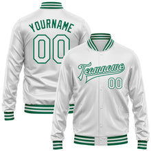 Laden Sie das Bild in den Galerie-Viewer, Custom White White-Kelly Green Bomber Full-Snap Varsity Faux Leather Letterman Jacket
