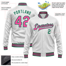 Laden Sie das Bild in den Galerie-Viewer, Custom White Pink-Kelly Green Bomber Full-Snap Varsity Faux Leather Letterman Jacket
