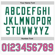 Laden Sie das Bild in den Galerie-Viewer, Custom White Pink-Kelly Green Bomber Full-Snap Varsity Faux Leather Letterman Jacket
