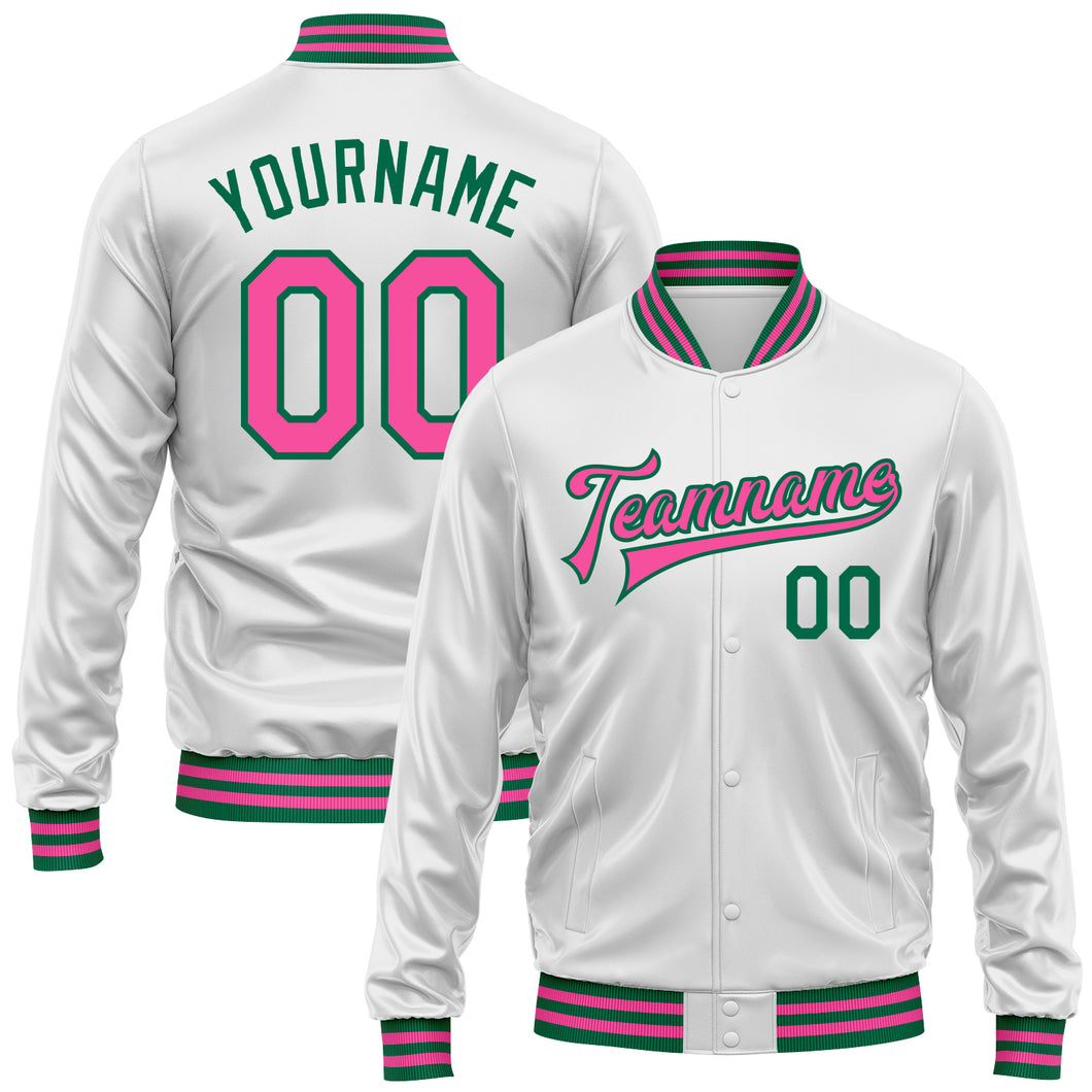 Custom White Pink-Kelly Green Bomber Full-Snap Varsity Faux Leather Letterman Jacket