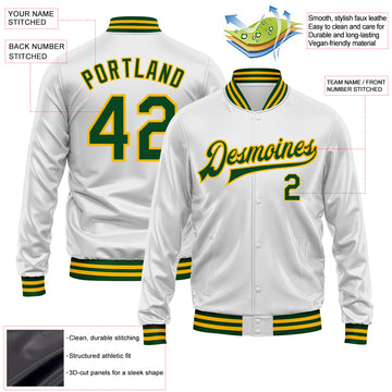 Custom White Green-Gold Bomber Full-Snap Varsity Faux Leather Letterman Jacket