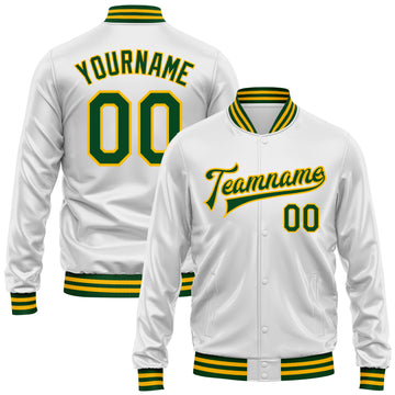 Custom White Green-Gold Bomber Full-Snap Varsity Faux Leather Letterman Jacket
