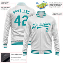 Laden Sie das Bild in den Galerie-Viewer, Custom White Teal Bomber Full-Snap Varsity Faux Leather Letterman Jacket
