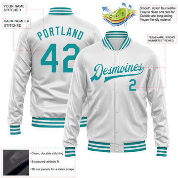 Custom White Teal Bomber Full-Snap Varsity Faux Leather Letterman Jacket