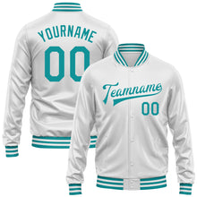 Laden Sie das Bild in den Galerie-Viewer, Custom White Teal Bomber Full-Snap Varsity Faux Leather Letterman Jacket
