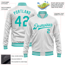 Laden Sie das Bild in den Galerie-Viewer, Custom White Aqua Bomber Full-Snap Varsity Faux Leather Letterman Jacket
