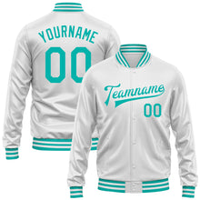 Laden Sie das Bild in den Galerie-Viewer, Custom White Aqua Bomber Full-Snap Varsity Faux Leather Letterman Jacket
