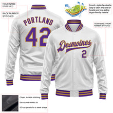 Laden Sie das Bild in den Galerie-Viewer, Custom White Purple-Old Gold Bomber Full-Snap Varsity Faux Leather Letterman Jacket
