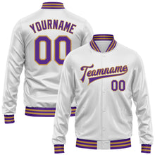 Laden Sie das Bild in den Galerie-Viewer, Custom White Purple-Old Gold Bomber Full-Snap Varsity Faux Leather Letterman Jacket
