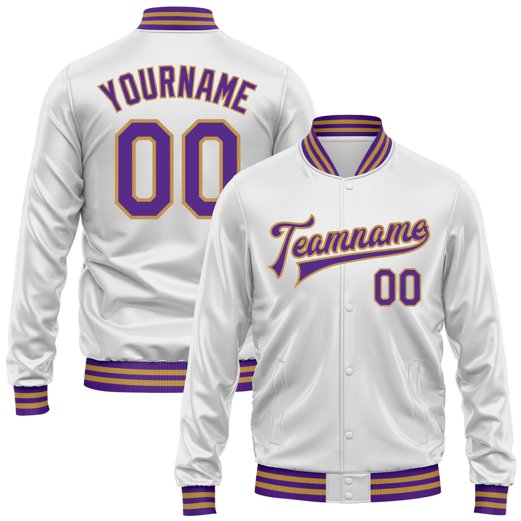 Custom White Purple-Old Gold Bomber Full-Snap Varsity Faux Leather Letterman Jacket