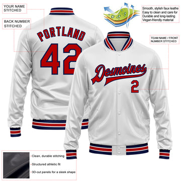 Custom White Red-Navy Bomber Full-Snap Varsity Faux Leather Letterman Jacket