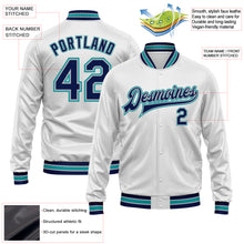Load image into Gallery viewer, Custom White Navy Teal-Gray Bomber Full-Snap Varsity Faux Leather Letterman Jacket
