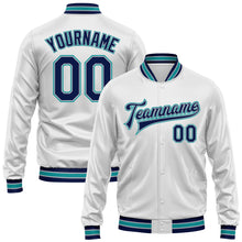 Load image into Gallery viewer, Custom White Navy Teal-Gray Bomber Full-Snap Varsity Faux Leather Letterman Jacket
